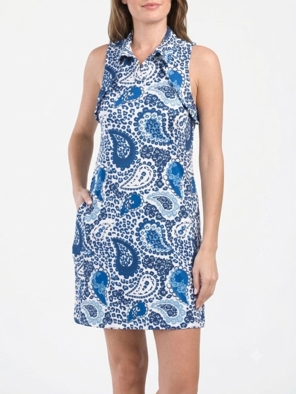 GOTTEX Blue Paisley Leopard Ruffle Sleeveless Golf Tennis Dress Pickleball M